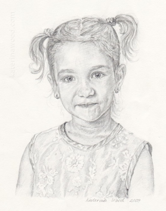 Aleksandra, five years old girl, from studio photograph, birthday present. Pencil drawing by Katerina Wood