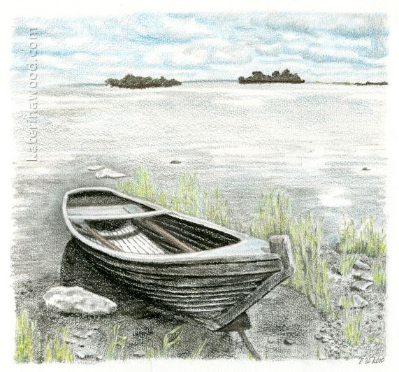 Boat on the lakeside, . Pencil drawing by Katerina Wood